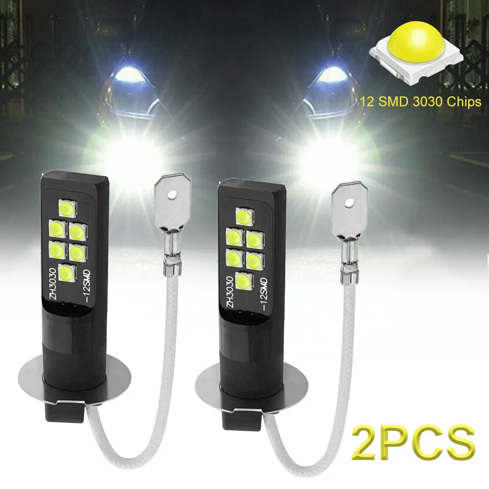 

2x H3 LED Bulb 3030 SMD 6000K White Car Fog Light High Bright DRL Driving Lamp Running Light