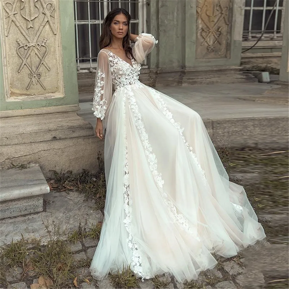 Ivory-vestidos de novia elegantes, longitud hasta el suelo, encaje Vintage, cuello de pico, manga larga, bohemios, 2022