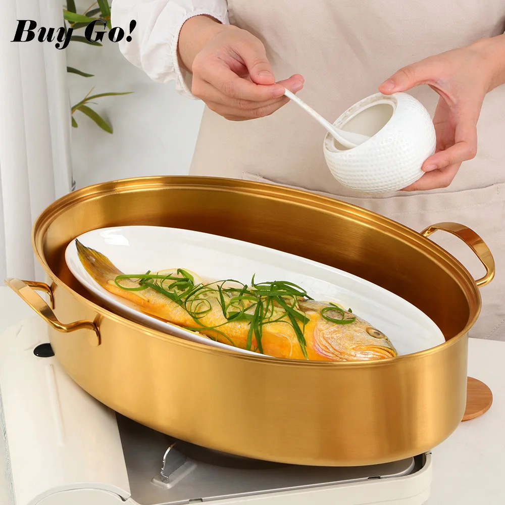 Kitchen Stainless Steel Gold Fish Steamer Pot With Rack Ceramic Plate Soup Pot Multi-function Oval Seafood Cooking Pot Cookware