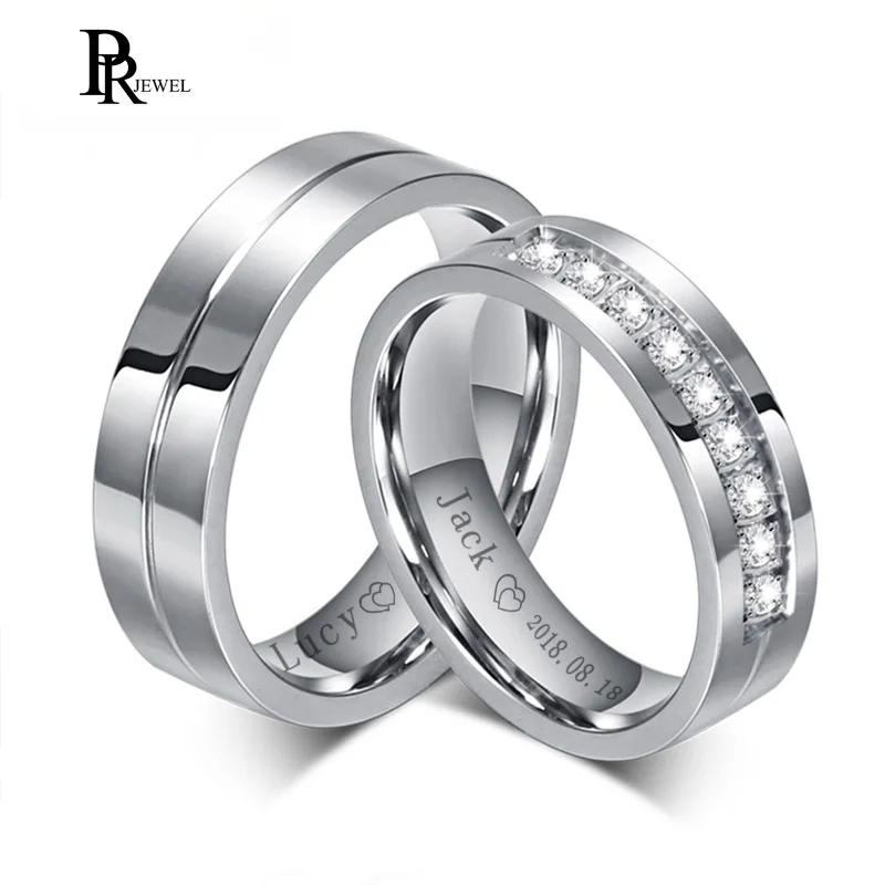 Bling Cubic Zirconia Wedding Band Rings Free Engraving Record Name Date Love Info Stainless Steel Custom Jewelry