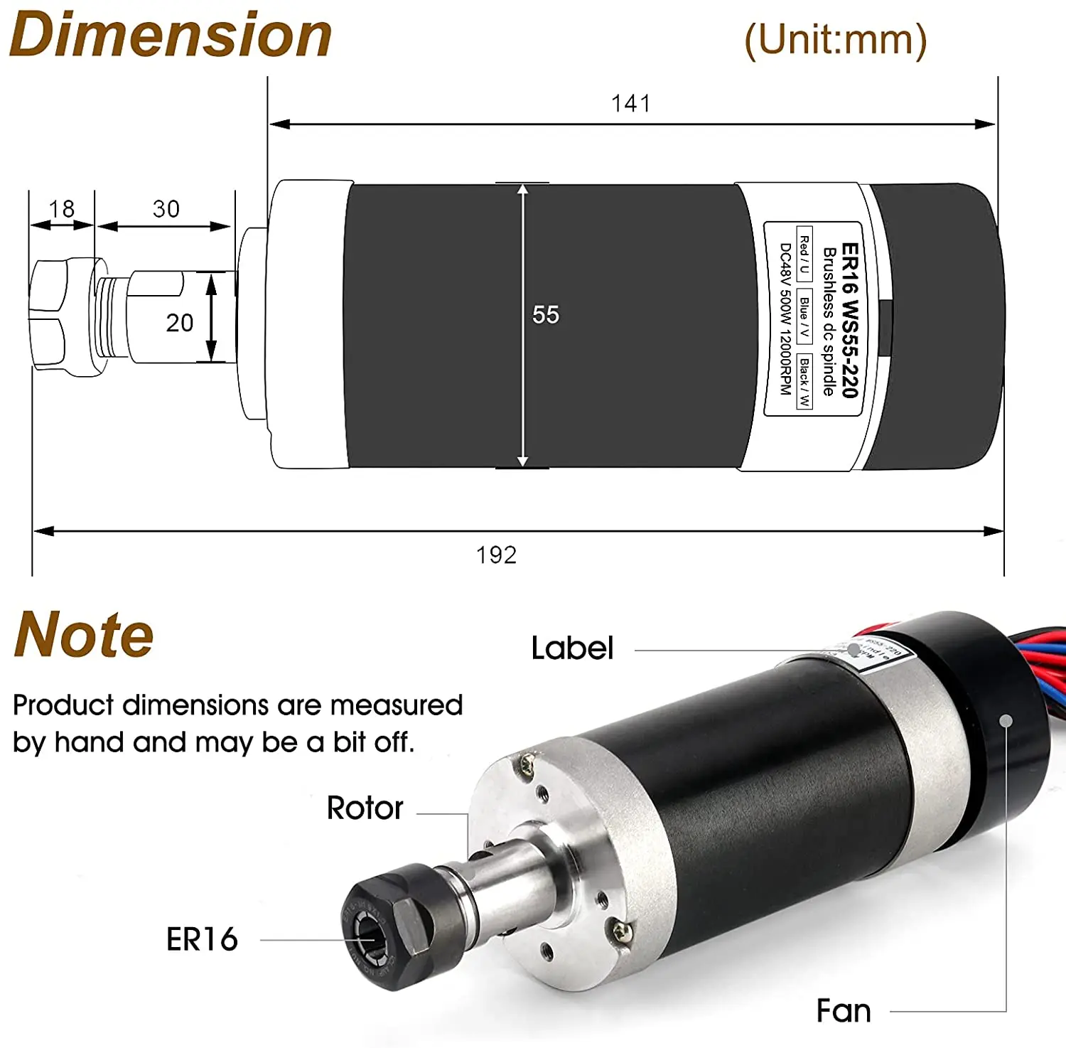 CNC Brushless Spindle Motor 500W Brushless Air Cooling Spindle PCB Milling 48VDC Voltage DC Spindle Kit for CNC Router Machine