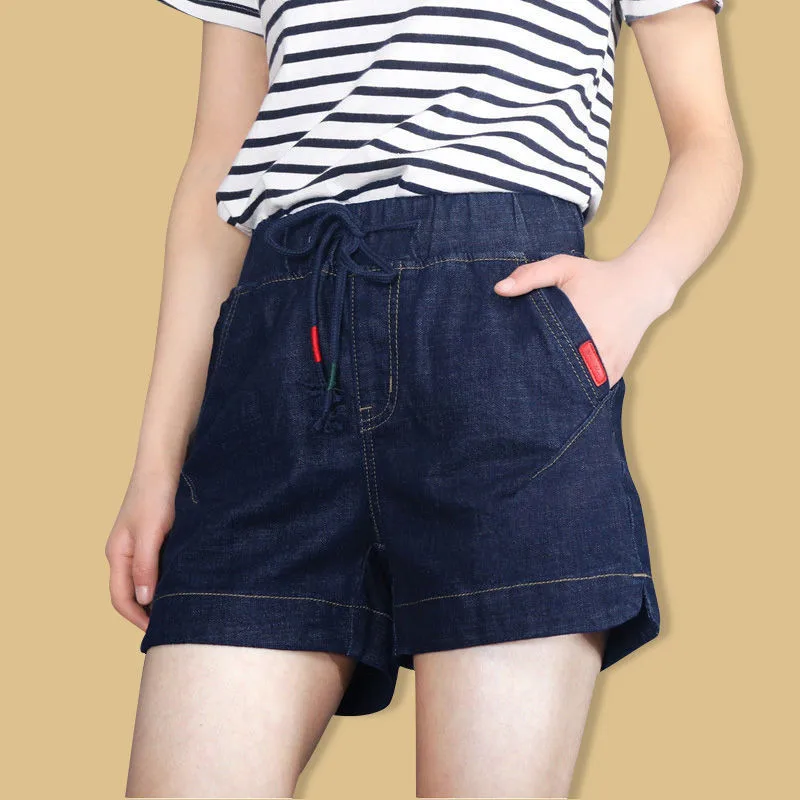 2019 summer Korean women's large denim shorts women's high waist elastic elastic elastic waist versatile casual wide leg pants