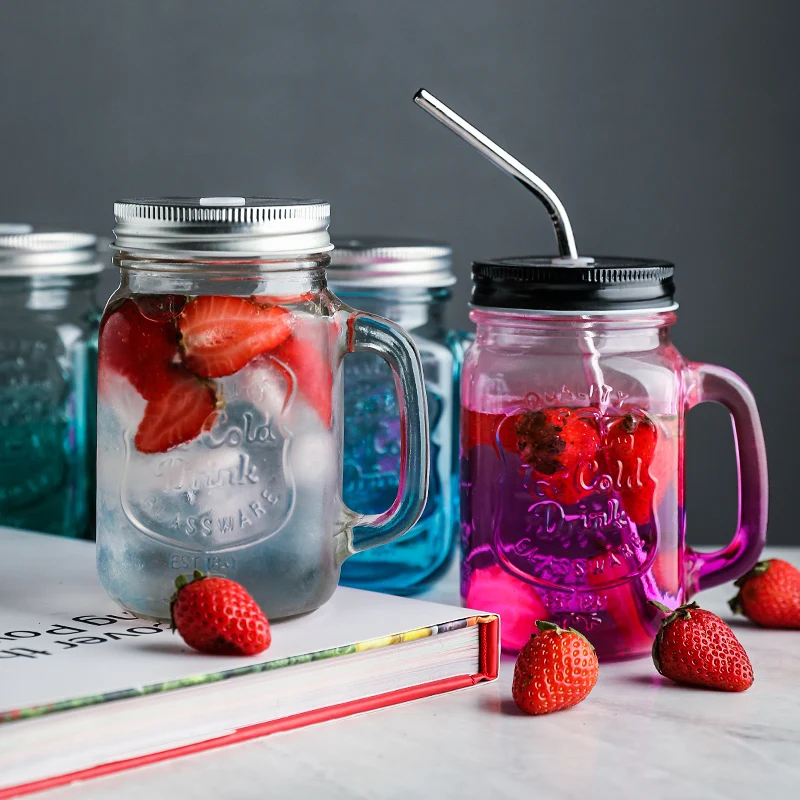 

Glass Cold Drink with Lid Straw, Sealed Jar, Juice, Milkshake Drink, Handle Water Cup