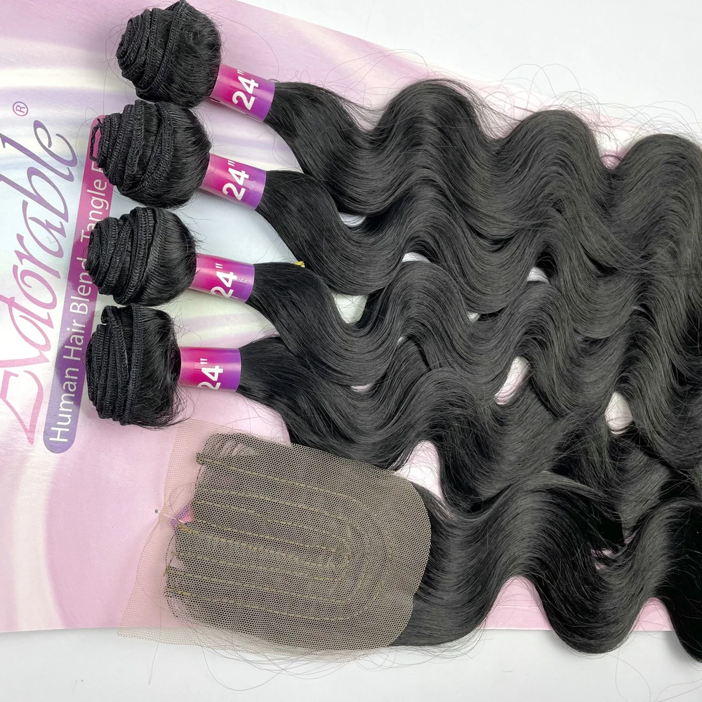 Adorable Full Packet Solution Synthetic Hair Bundles With Free Machine Made 4*4 Lace Closure 24Inch Black Amazing Body Wave 4pcs