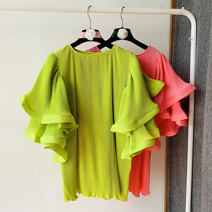 Women Summer Shirt Ins Design Butterfly Sleeve Loose Pleated Chiffon Female Soild Tops 2020 New Tide Blouse