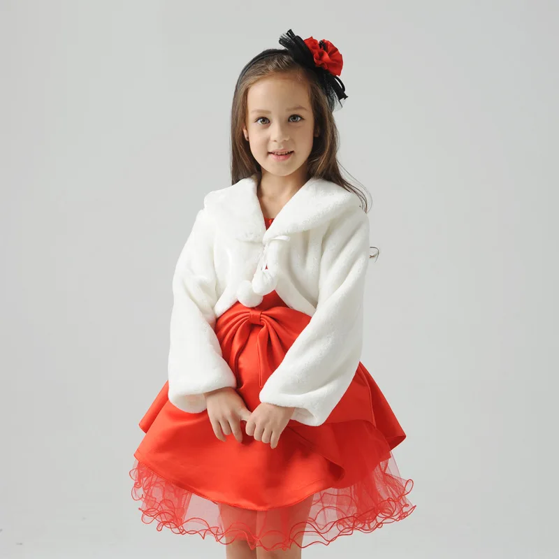 New White Long Sleeve Short Cloak Baby Girls Wedding Fur Bolero Jacket Girls Party Warm Cloak Cape Kids Shawls