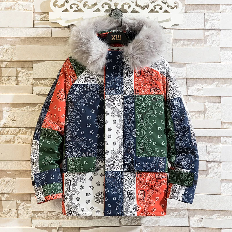 

Cashew Flowers Print Color Block Patchwork Cotton Padded Parkas Streetwear Harajuku Hip Hop Men Loose Thick Hooded Parka Jackets