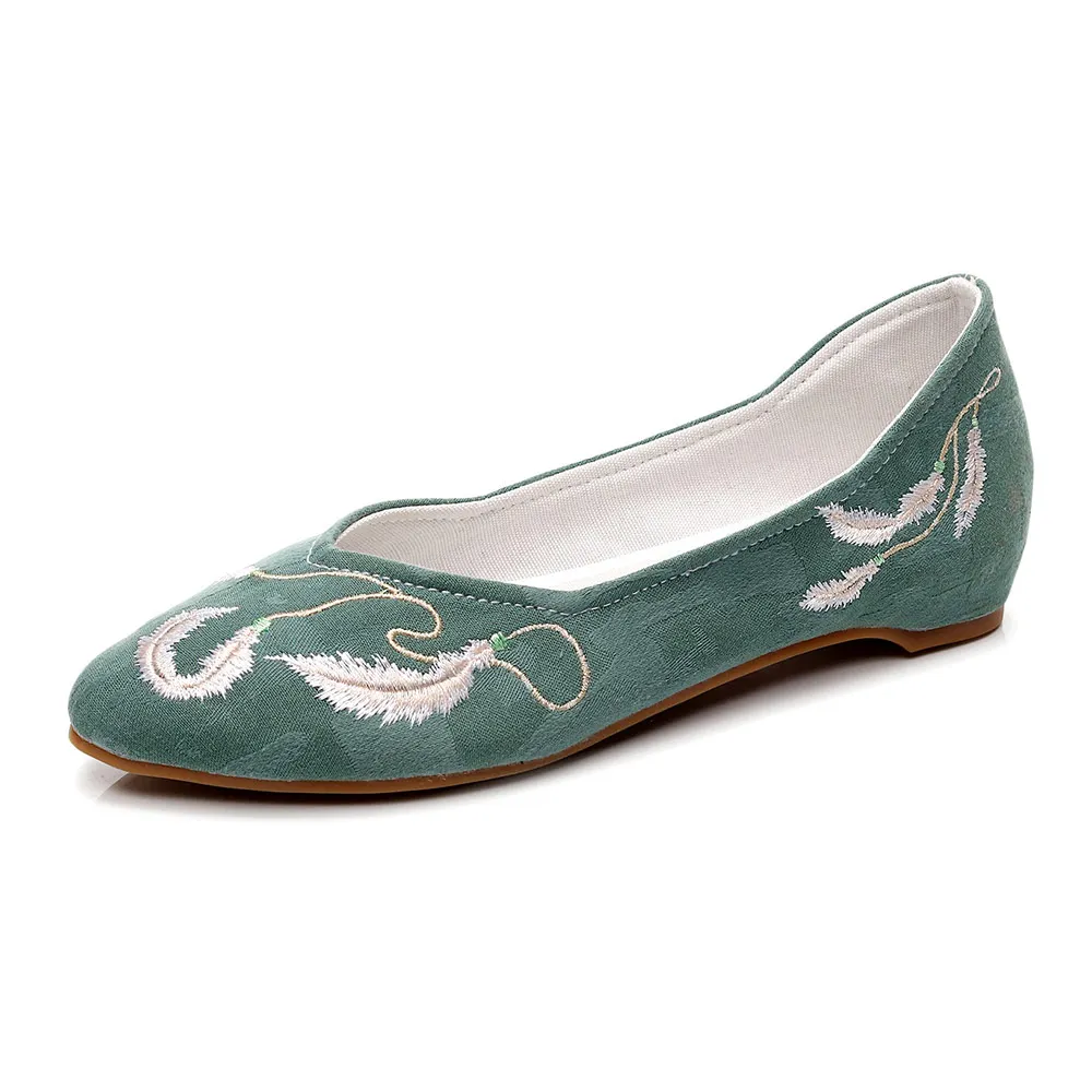 Veowalk Feather Embroidered Women Jacquard Cotton Pointed Toe Flats Comfortable Slip On Flat Shoes Ladies Pointy Toe Ballets