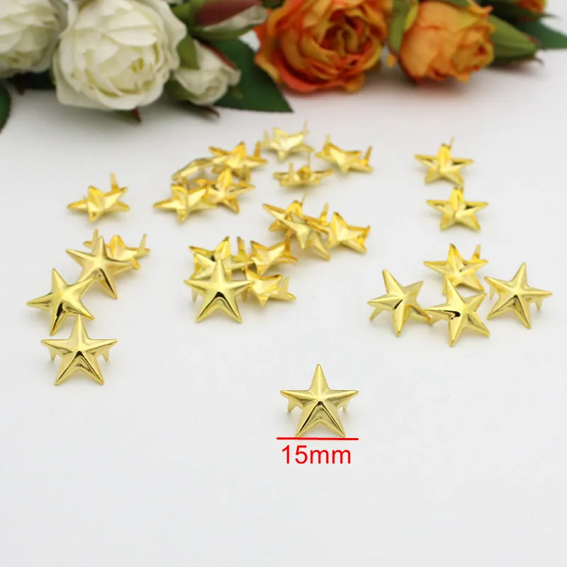 100Pcs/lot 15mm Gold Plated Star Studs Rivet Spike Nickel Punk Bag Belt Leather craft Bracelets shoes Clothes