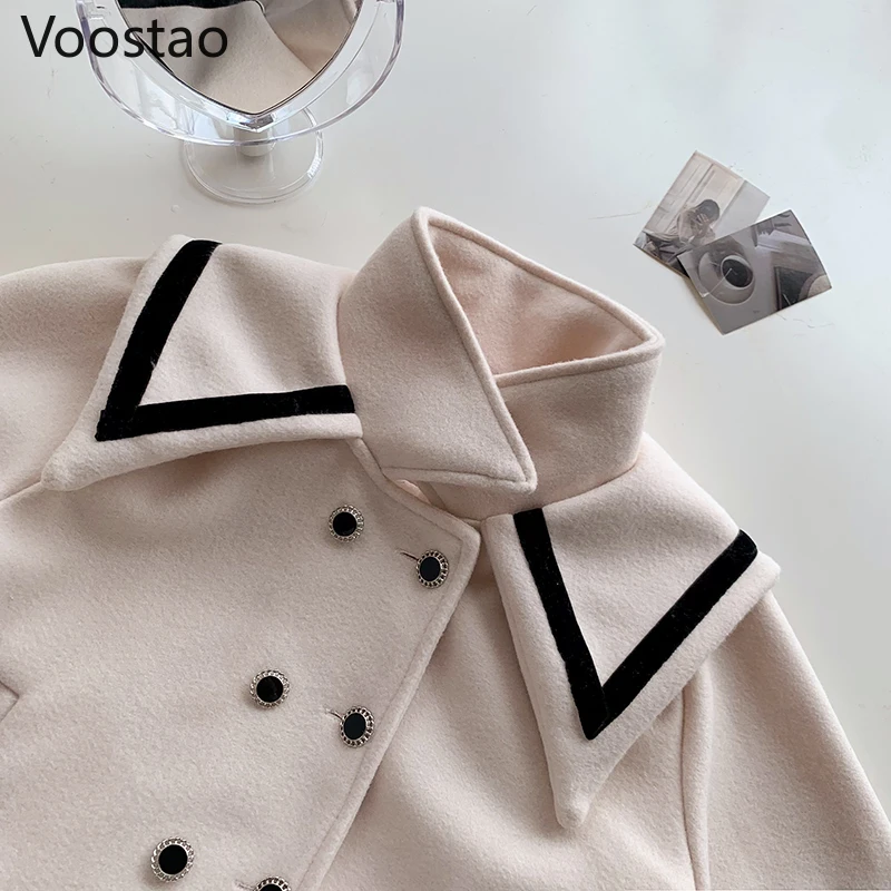 Jesień zima kobiety słodkie wełniany 2 sztuka zestaw styl Preppy elegancki marynarski kołnierzyk płaszcz topy wysokiej talii spódnice plisowane Mini