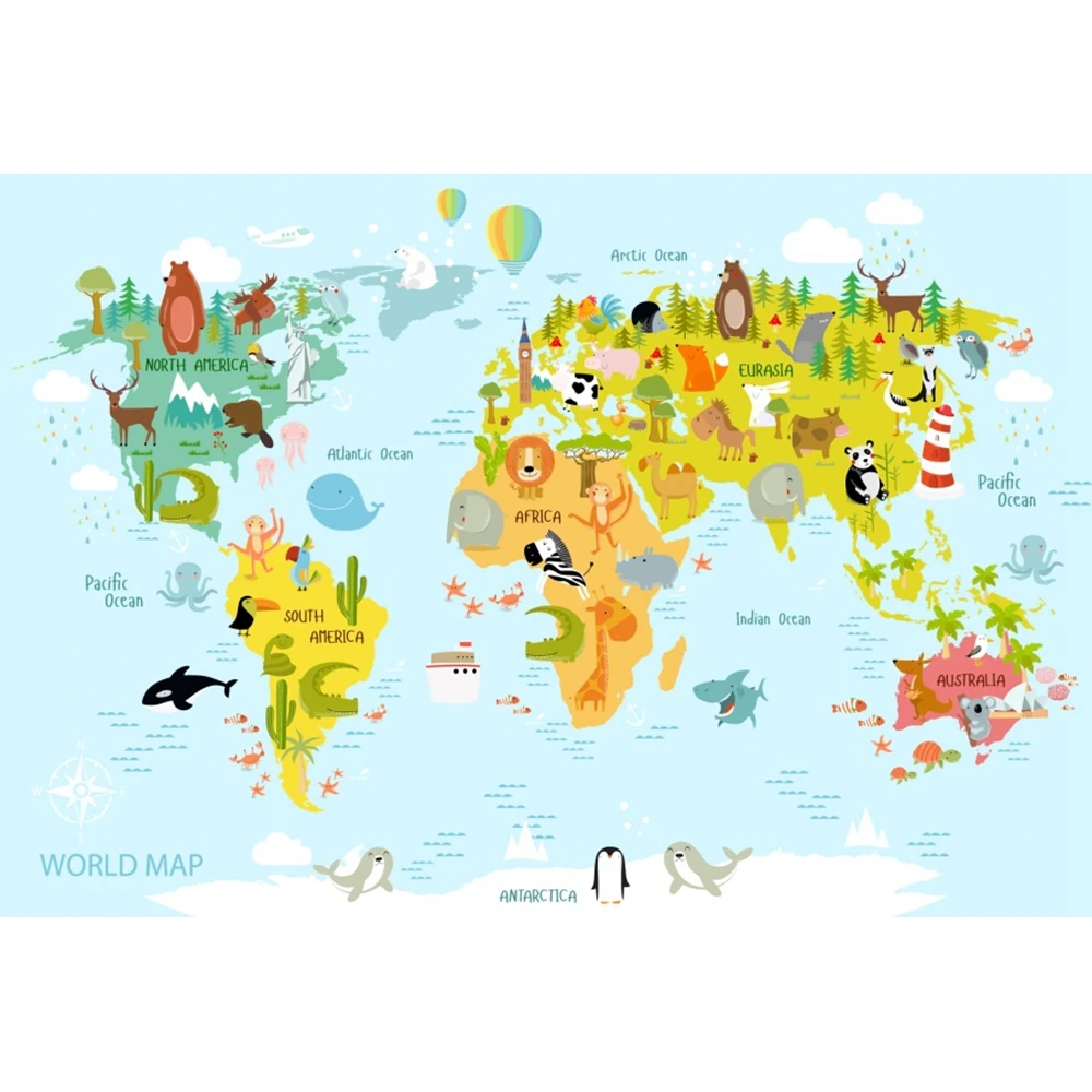 Yeele Photocall World Map Animals Baby Birthday Photography Background Transportation Party Photographic Backdrop Photo Studio