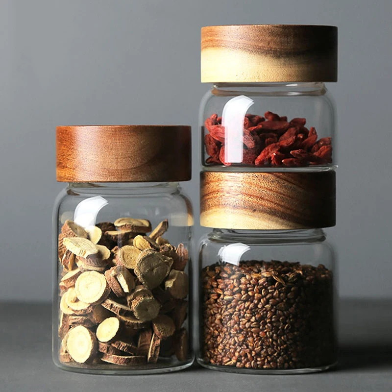 Clear Glass Storage Canister with Lid, Airtight Jar with Wooden Cover, Serving Tea Coffee Spice, Modern Decorative Small Bottle