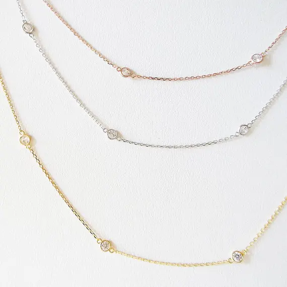 3MM Bezel Set Round Dot Geometric CZ Station Chain Necklace 100% 925 Stelring Silver 46cm 85cm 102cm Multi Layer Chains
