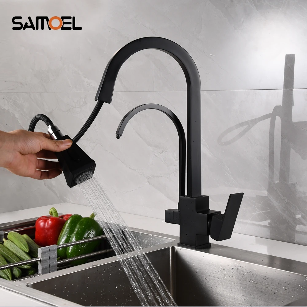 

Matte Black Filtered Faucet For Kitchen Pull Out Spray 360 Rotation Drinking Water Three modes Sink Kitchen Faucet B3450