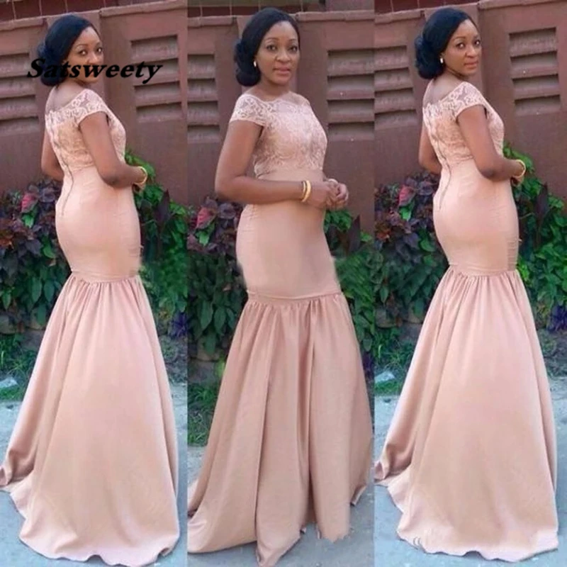 African Cheap Blush Pink Plus Size Mermaid Bridesmaid Dresses Bateau Neck Cap Sleeves Long Formal Dress Wedding Guest Party Gown