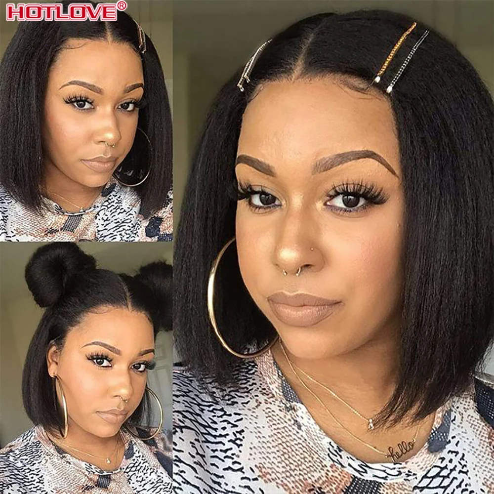 Kinky Straight Wig Bob T Part Lace Frontal Wig Short Bob Wig 5x1x1 Lace Front Human Hair Wigs Pre Plucked Lace Wig 150% Density