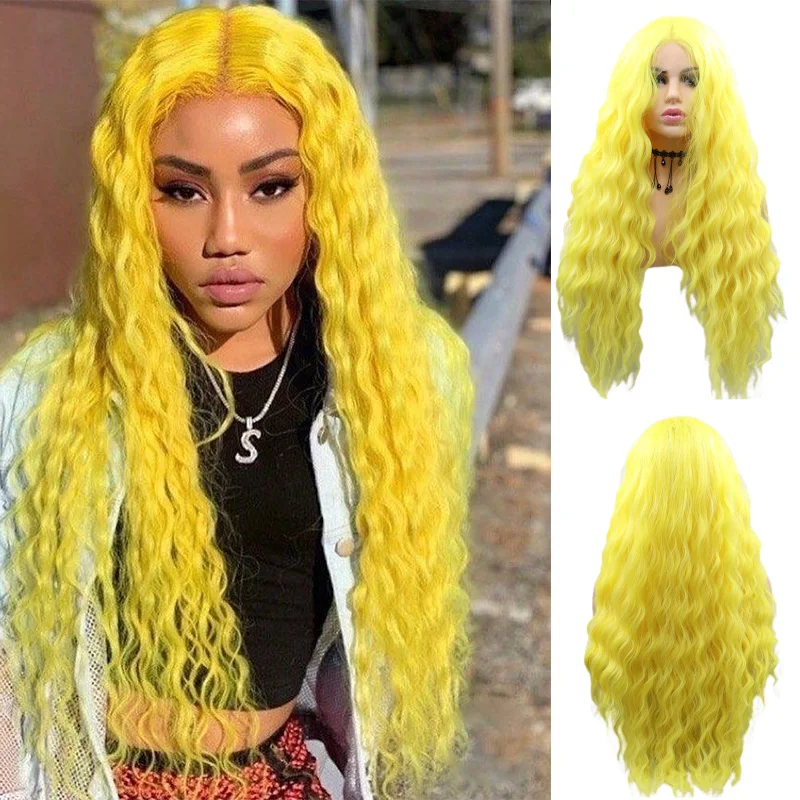 

Long Yellow Lace Front Wigs for Women Natural Hairline Wave with Middle Part Glueless Kanekalon Synthetic Heat Fiber Wigs 24Inch