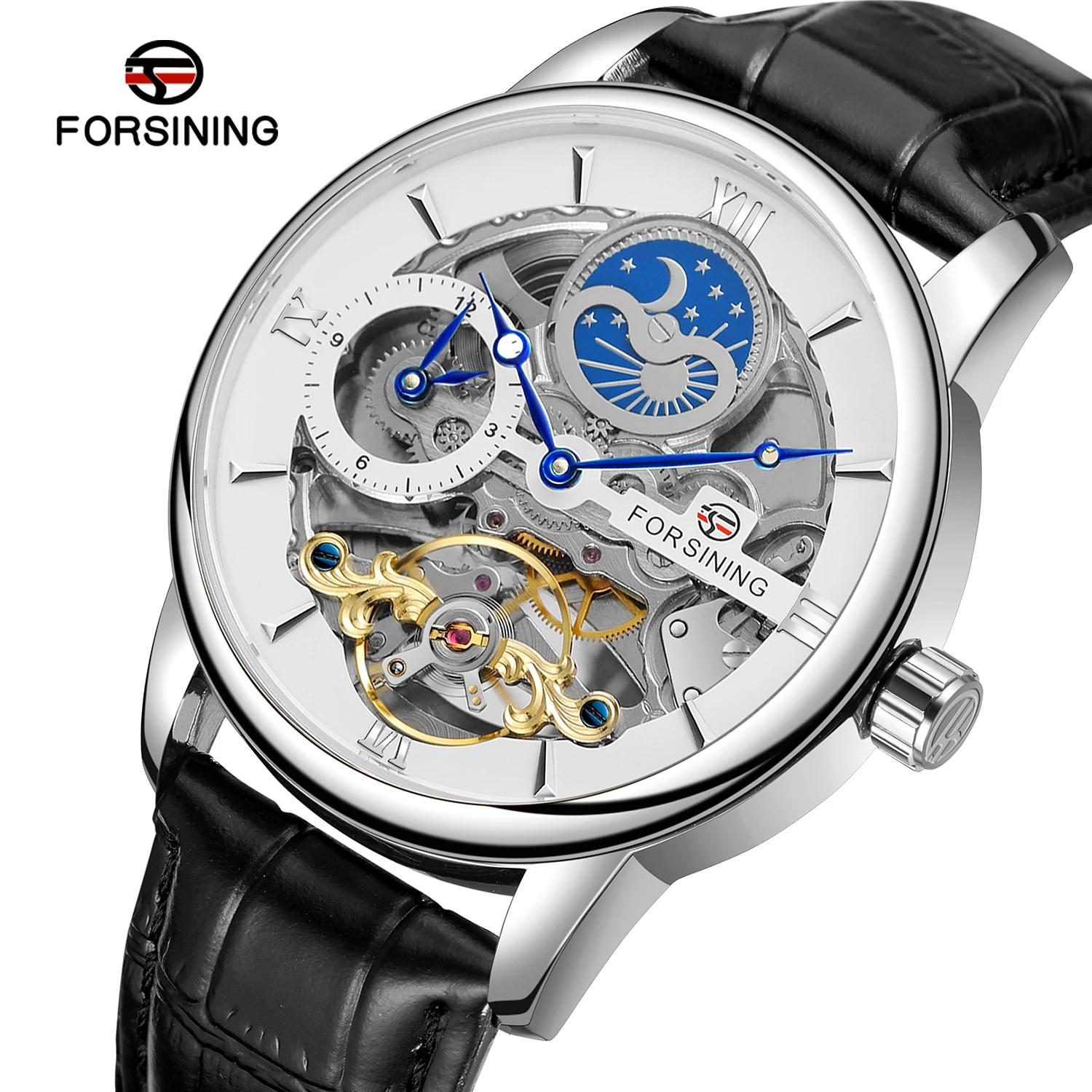 Forsining Luxury Gold Men's Watches Business Leather Strap Tourbillon Skeleton Automatic Machanical Watches Man Wristwatches