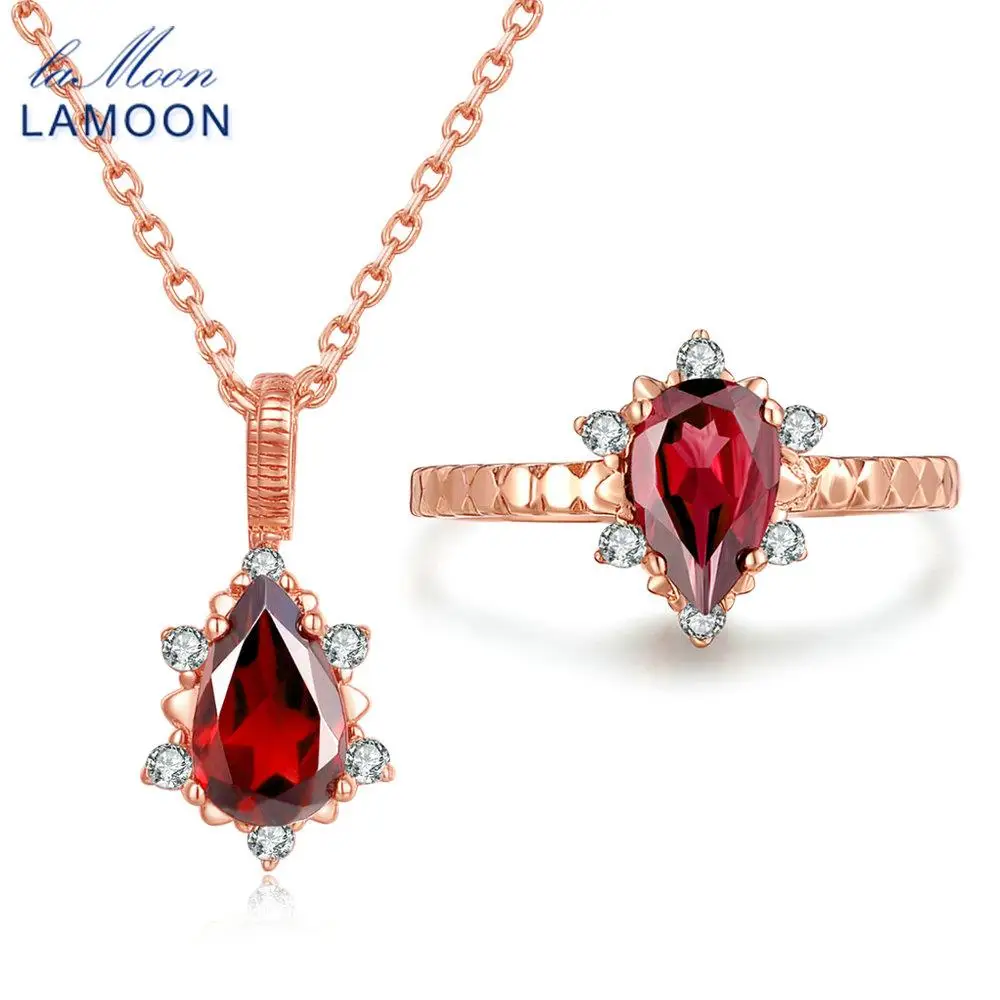 

LAMOON 5x7mm 1ct 100% Natural Red Garnet Pyrope 925 Sterling Silver Jewelry S925 Jewelry Set WTDP V032-1