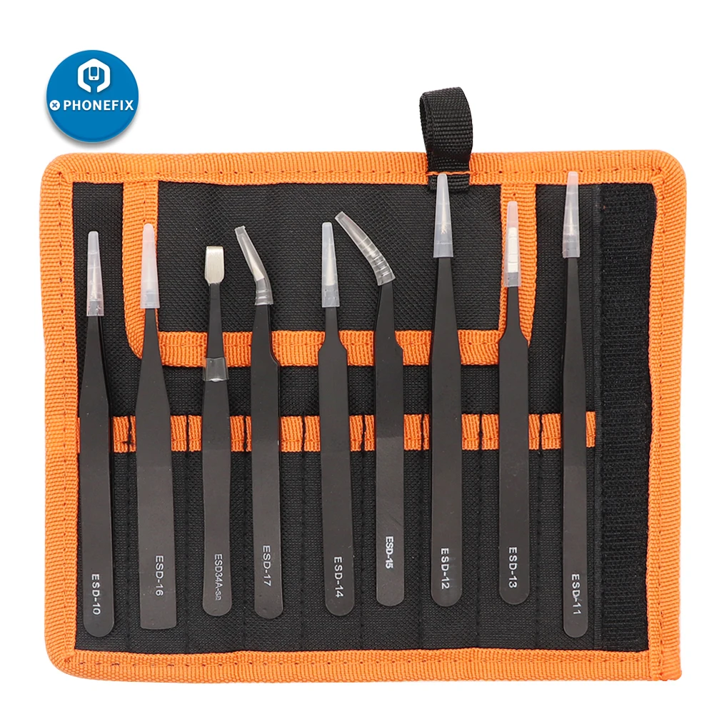 9PCS ESD Stainless Steel Tweezers with Carring Bag Anti-static Tweezers for Mobile Phone PCB BGA Maintenance Tools