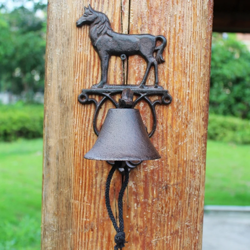 Standing Horse Cast Iron Hand Cranking Bell Farm House Accents Antique Rustic Home Garden Decor Wall Mounted Welcome Door Bell