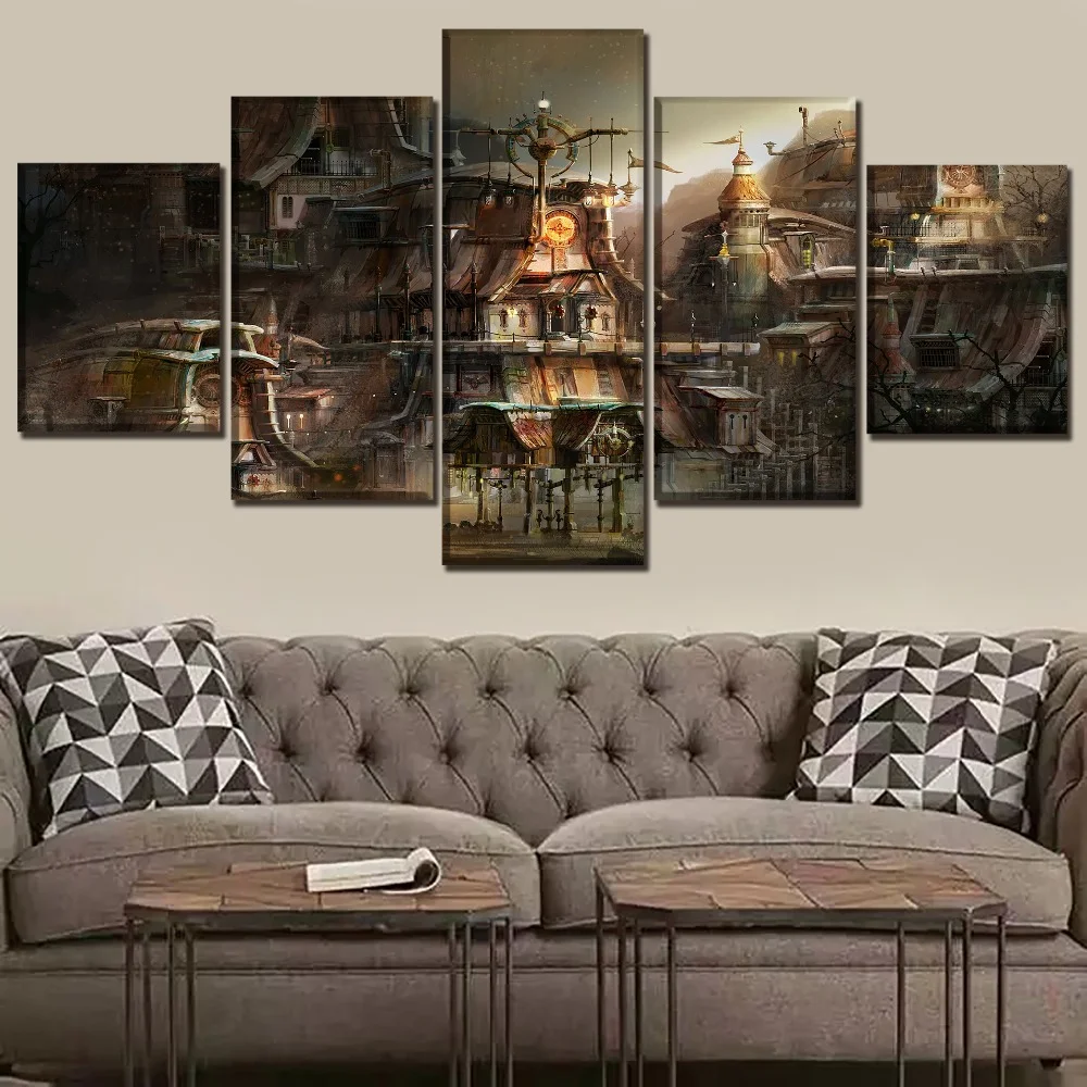 

Sci Fi Steampunk Print Painting, Modern Decorative Poster, Canvas Painting, Building City, Artwork, 5 Pcs