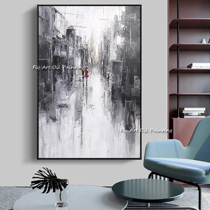 Large City Building Hand-painted Scenery Abstract Oil Canvas Painting Wall Art Pictures For Living Room Decoration Home Decor