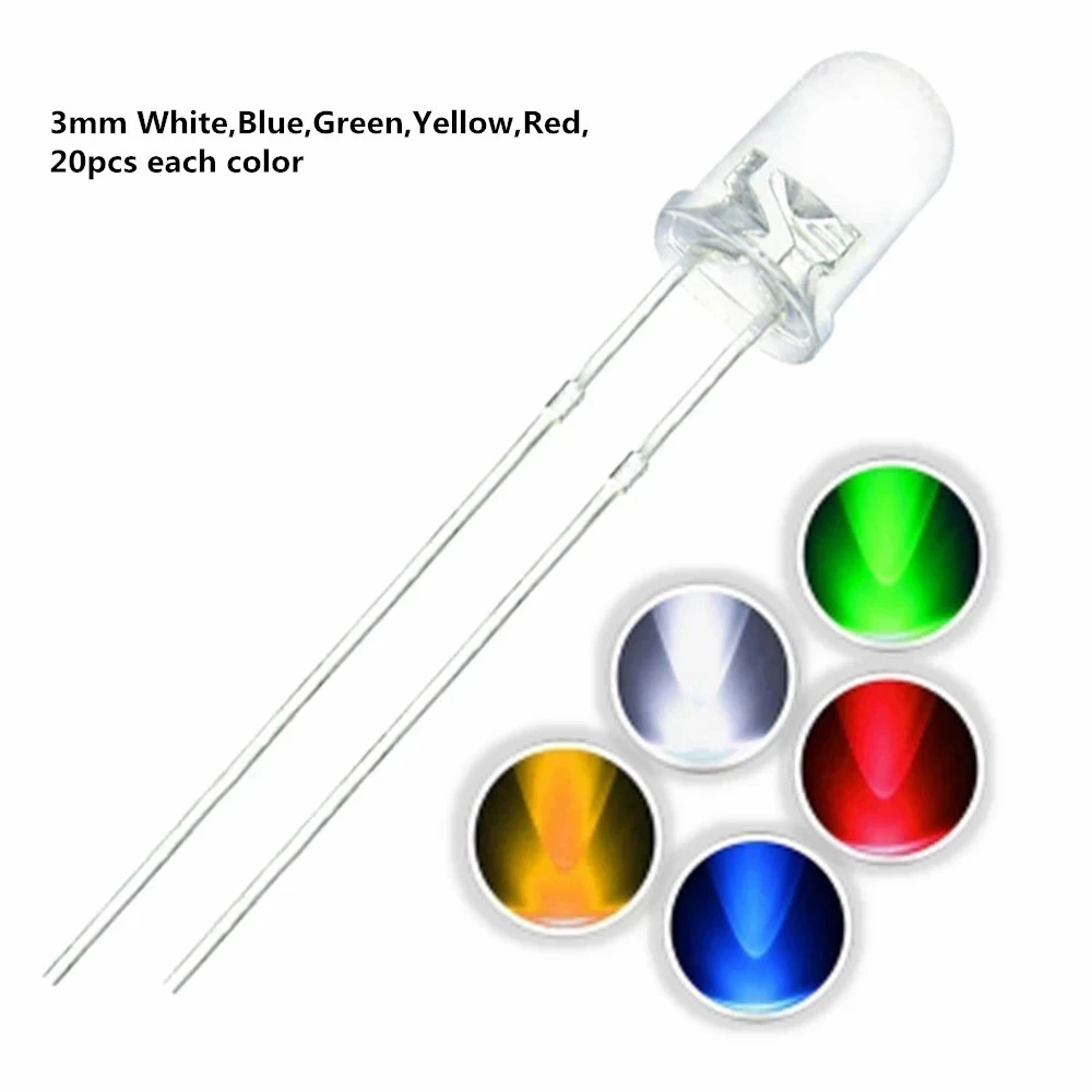 100pcs 3MM LED Diode 3 MM Assorted Kit White Green Red Blue Yellow Orange Pink Purple Warm White DIY Light Emitting Diodes