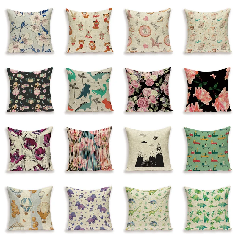 Flowers Cushion Cover Girl Alpaca Decoration Pillows Case Linen Dinosaur Cushions Covers Plant Sofa Bed Pillow Cases Kissenbezug