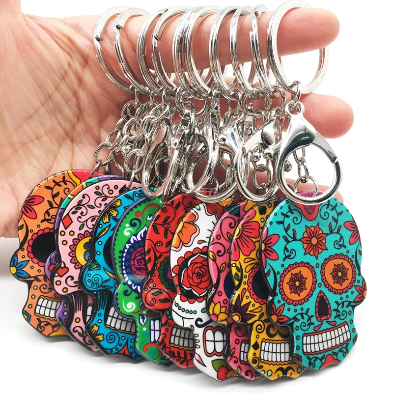 10pcs/lot Skull Keychain Calavera Mexican Sweet Sugar Skull Lobster Key Chain Keyring Halloween Acrylic Skull Key Ring Charms