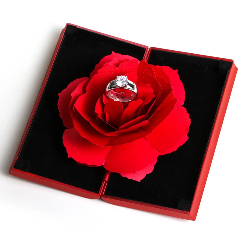 New Arrival foldable black box red ring rose jewelry box for Valentine's Day gift