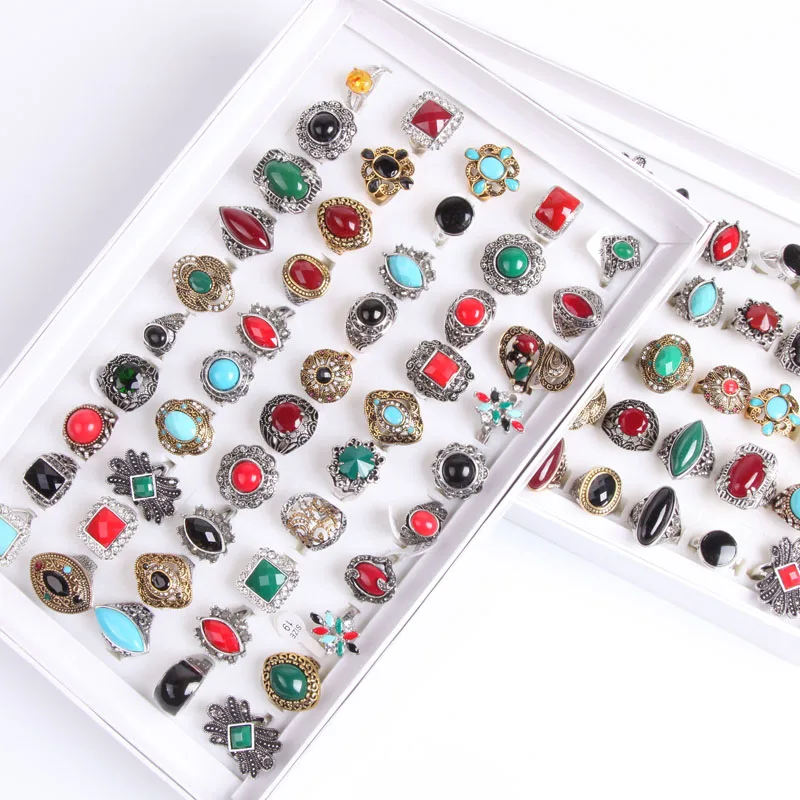 

Wholesale Fashion bulk lot 50pcs mix styles metal alloy gem turquoise jewelry rings discount promotion