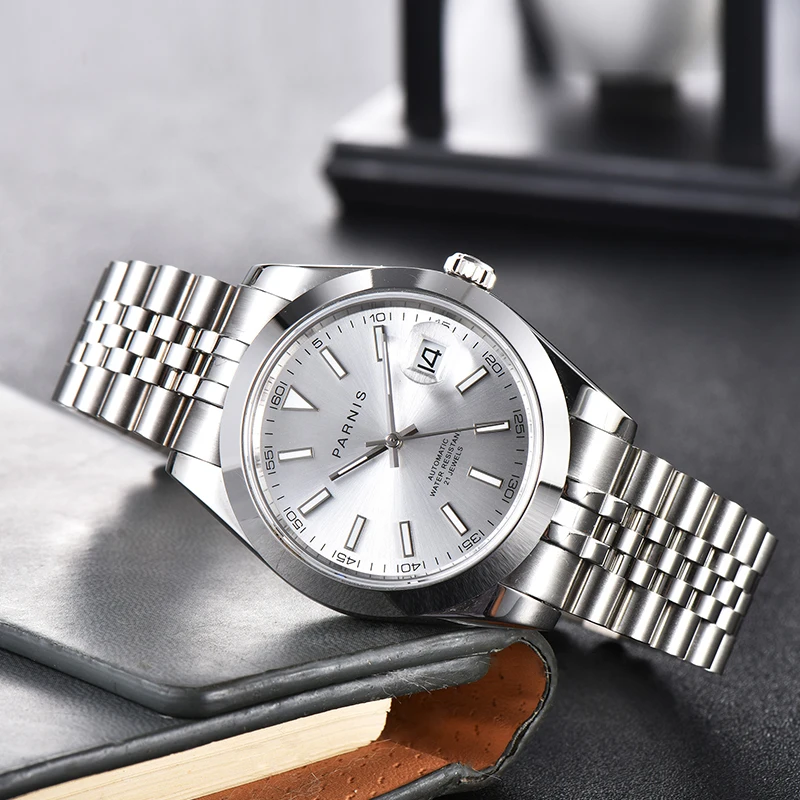 New Parnis 39.5mm Silver Case Automatic Mechanical Men's Watches Stainless Steel Case Men Sports waterproof Watch reloj hombre