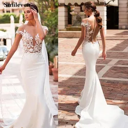 Smileven Mermaid Wedding Dress 2020 Satin Cap Sleeve Vestido De Noiva Lace Bohemian Bride Dresses With Romantic Buttons