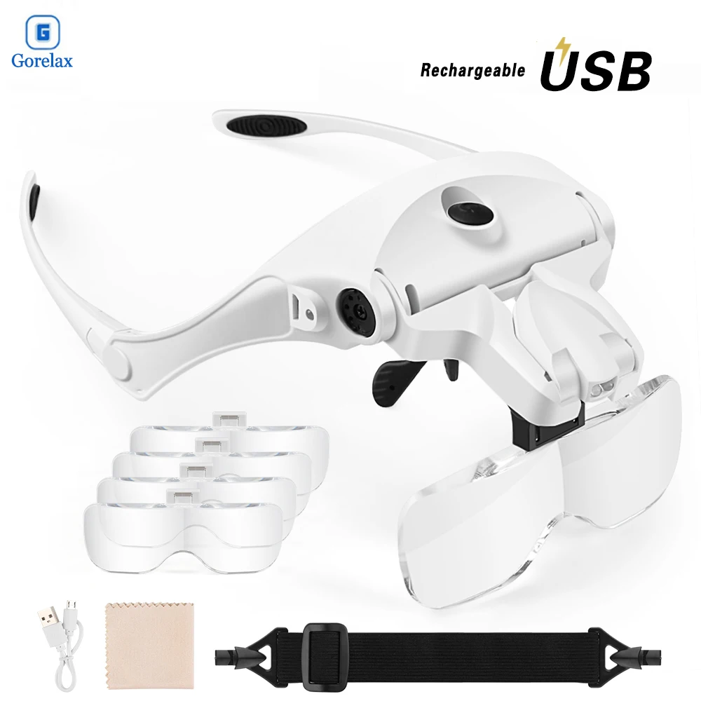 

Magnifying Glass, Rechargable 5 Lens Loupe Eyewear Magnifier With Led Lights Lamp,Headband Led Magnifying Glass For Reading