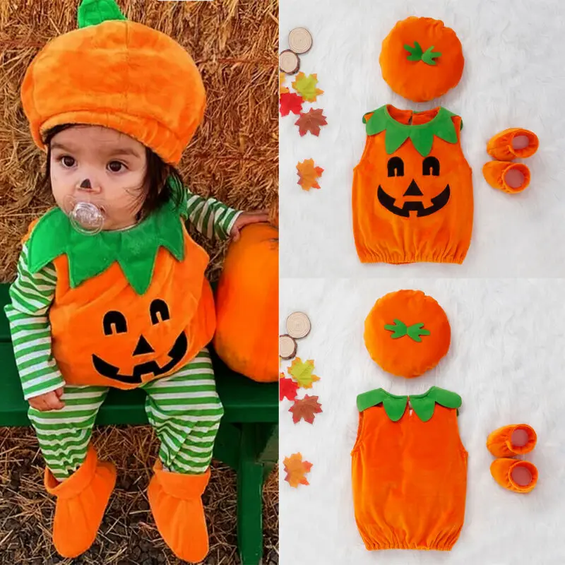 PUDCOCO Cosplay Halloween Baby Kids Pumpkin Suit Top Blouse Dress Romper Jumpsuit+Hat+Shoes  Party Fancy Costumes 3PCS 0-3T