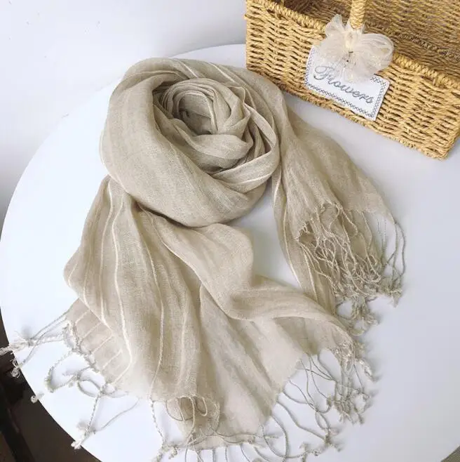 Spring And Summer New Women Pure Linen Scarf Summer Thin Breathable Striped Shawl Tassel Scarves 53x180cm