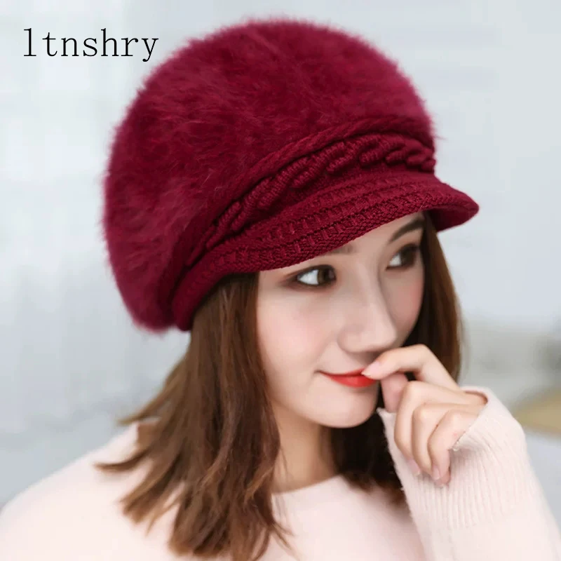 FashionWomen Hats For Cold Winter Crochet Slouchy Beanies Solid Knitted Caps Rabbit Fur Lady Winter Visor Brim Beanie Hat