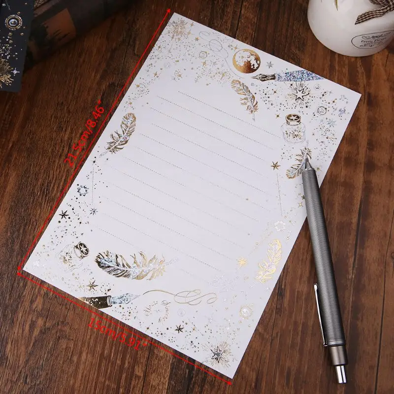 8 แผ่น VINTAGE Bronzing Feather Blessing Letter กระดาษกระดาษเขียนอุปกรณ์สำนักงานโรงเรียน