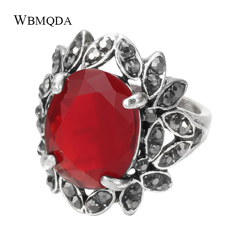 Wbmqda Fashion Red Stone Ring For Women Tibetan Silver Crystal Flowers Ethnic Wedding Bridal Jewelry Retro Rings