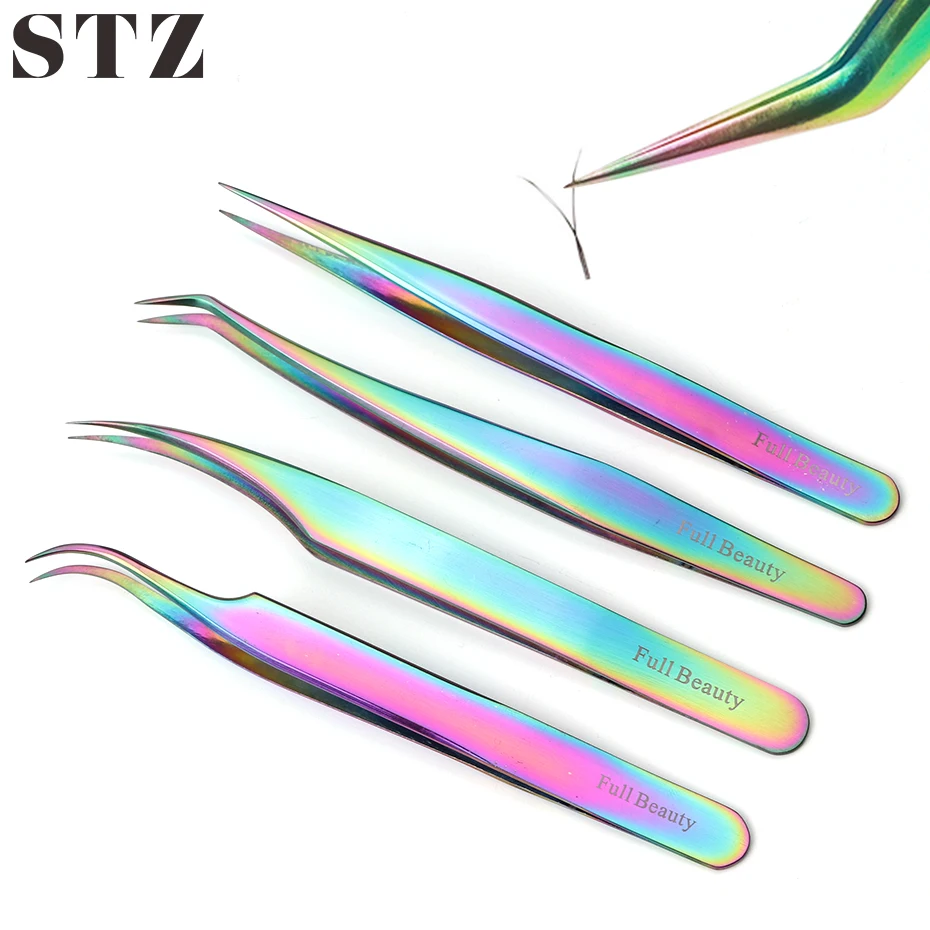 STZ Curved Straight Tweezers Rainbow Volume Eyelash Extension Fan Lash Eyebrow Nipper Precision Forceps Makeup Tools FBT1-4