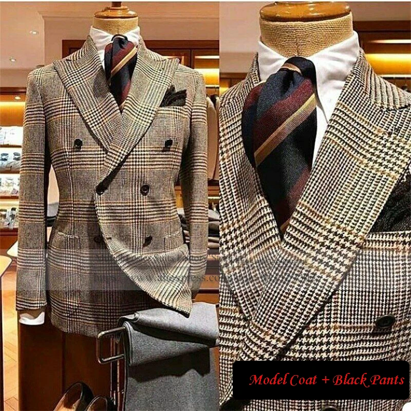 Tweed Wool Houndstooth Men Suits Wide Peak Lapel Jacket 2 Pcs Double Breasted Coat Business Blazer Wedding Dinner Party Gowns