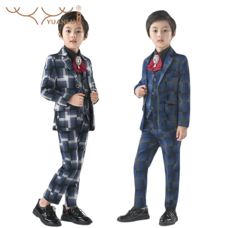 

Formal Boys Suits for Weddings Host Baby Suit Set 5 Piece Plaid Blazer Vest Pants Shirts Bow Tie Outfits Set for Kids for Party