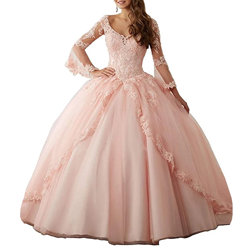 Vestido De Fiesta Diepe V-hals Meisjes Zoete 16 Quinceanera Jurken Lange Mouwen Roze Prinses Prom Dress Baljurk Wedding jurk