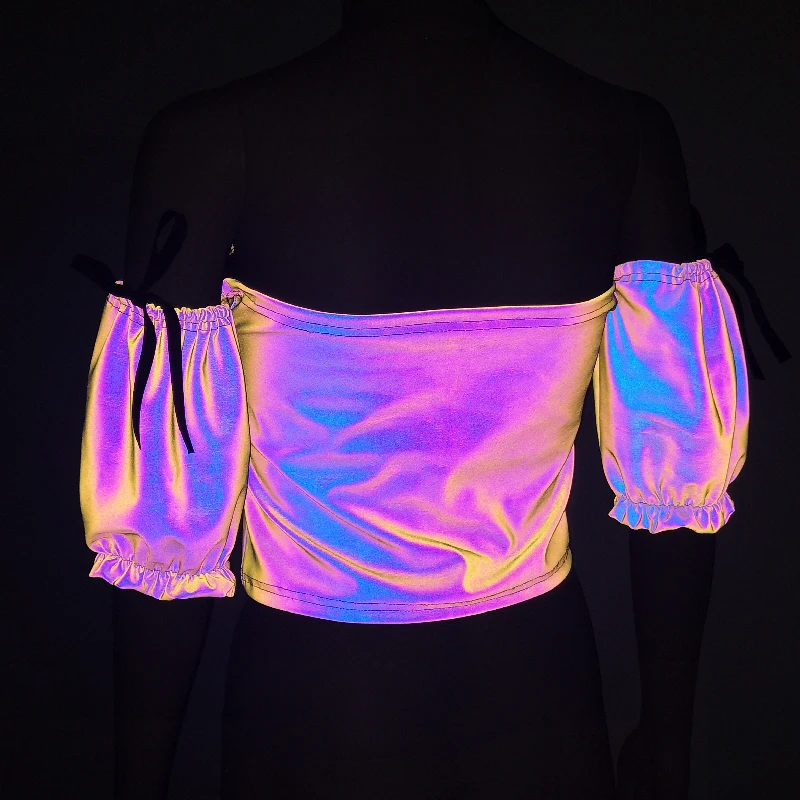 Colorful Holographic Reflective Dancer Tops Women Lantern Sleeve Bow Knot Wrapped Chest Vest Party Stage Pole Dance Wear Clothes