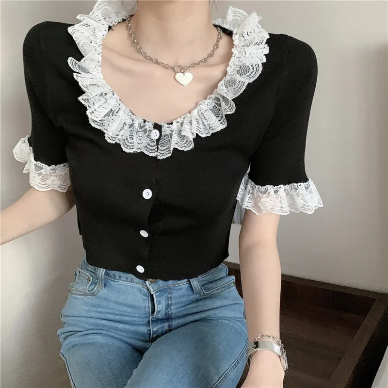 

Women Lace Ruched Collar Knitted Short Sleeve Thin Sweaters Cardigans Lady Single-breasted Sweater Crop Tops Female