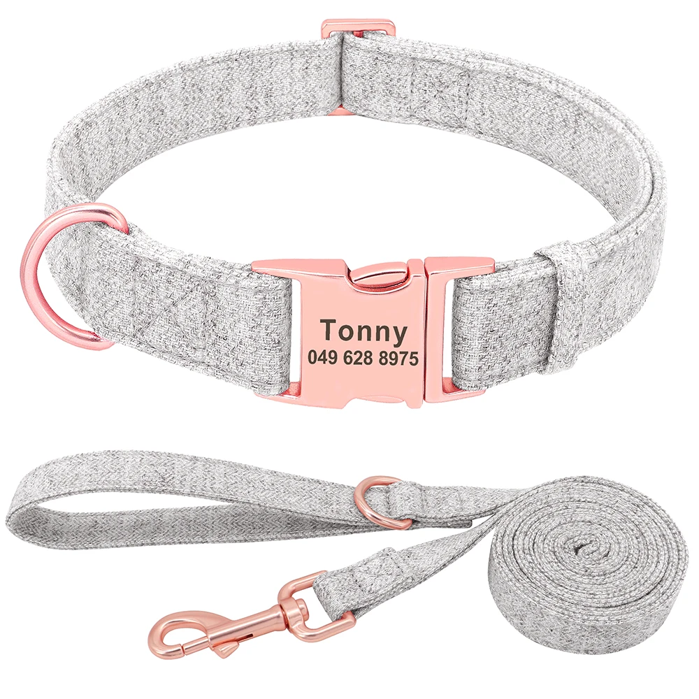 Custom Engraved Dog Collar and Leash Durable Hemp Pet ID Collars Lead Rope With Name Buckle Plate For Small Medium Large Dogs