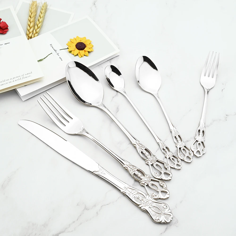 Vintage Royal Silver Dinnerware Stainless Steel Set Mirror Spoons Forks Knives Ice Cream Spoon Silverware Wedding Tableware Gift