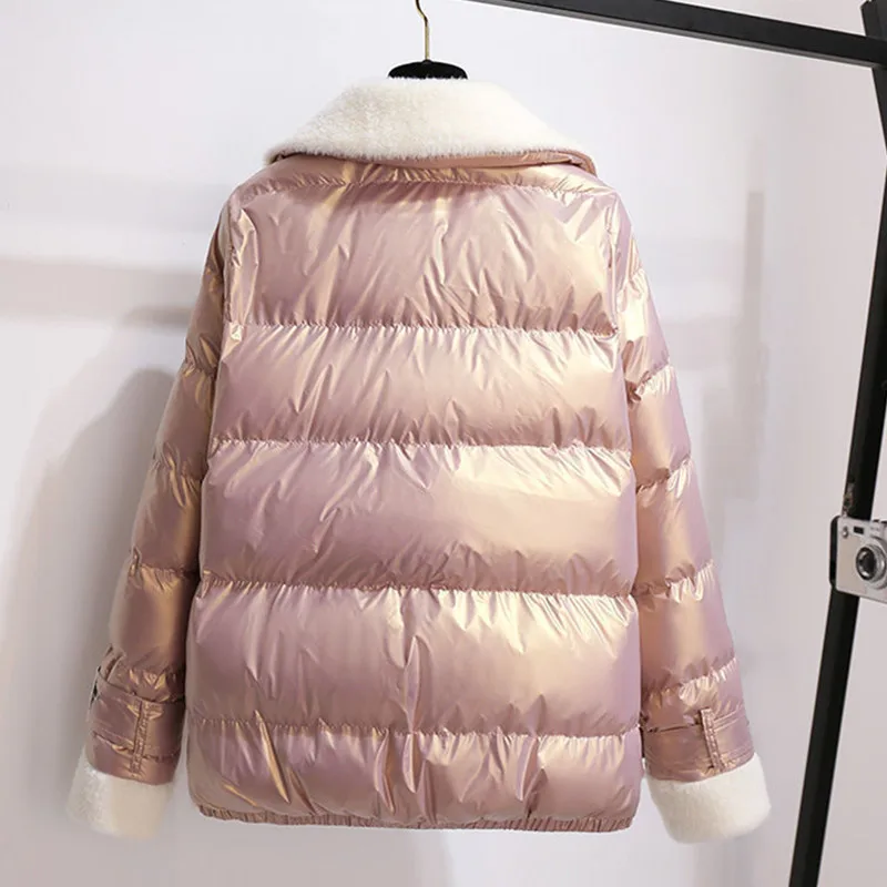 Plus Size Glossy Parkas Double-breasted Cotton Padded Women Winter Jacket Warm Thicken Short Ladies Coat Loose Female Outerwear