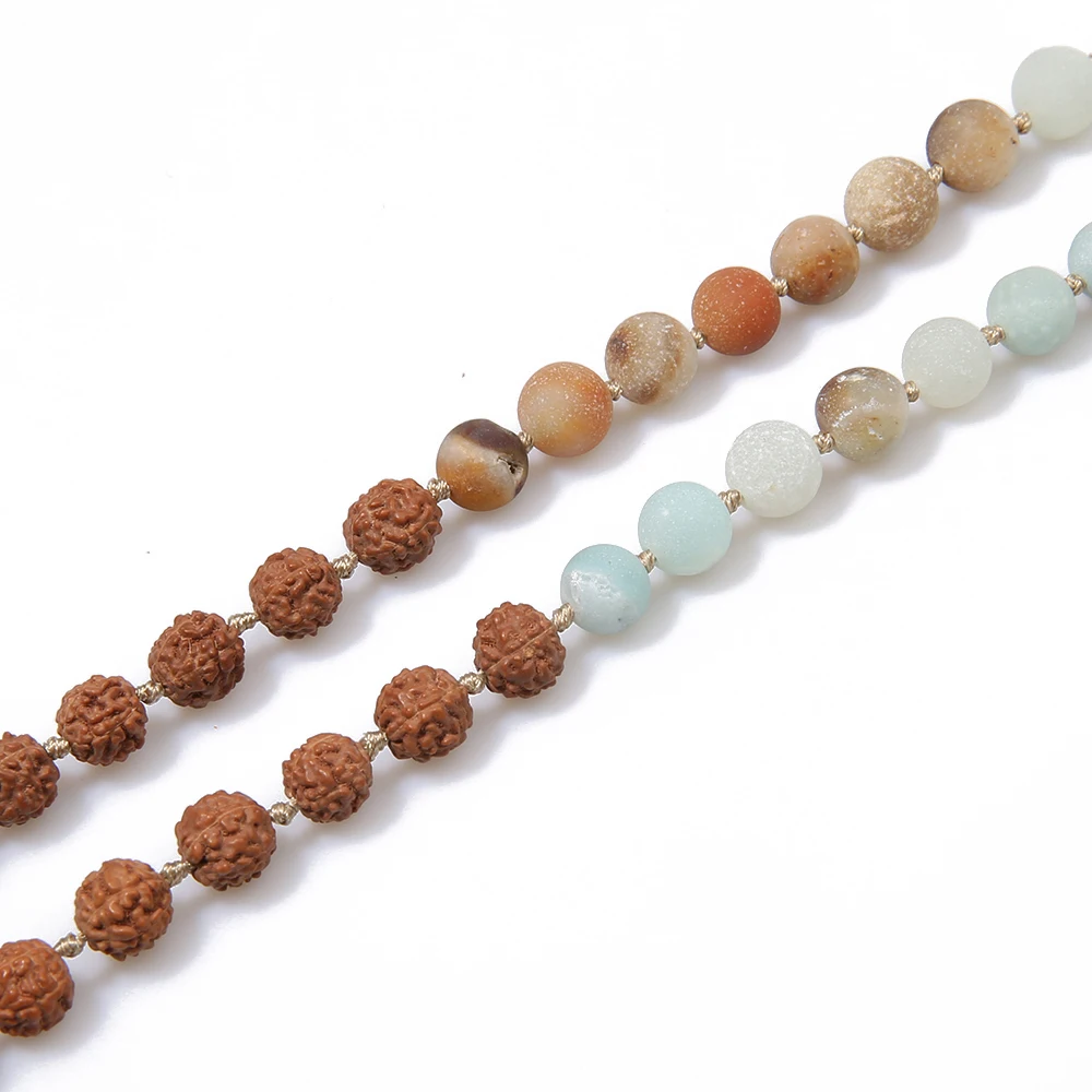 108 Mala Rudraksha & Matte Amazonite Beaded Knotted Necklace Blessing Meditation Yoga Prayer Japamala Jewelry Tassel Pendant